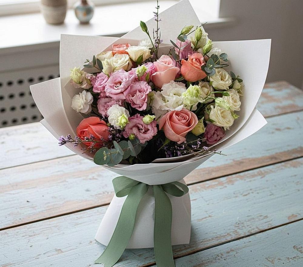 Букет цветов из: Розы, Лизиантусы и Гвоздики в Широковский