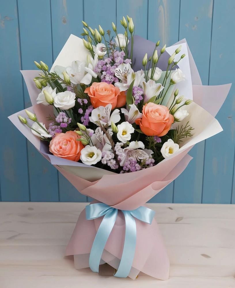 Букет цветов из: Лизиантусы, Розы, Альстромерии и Гипсофила в Широковский