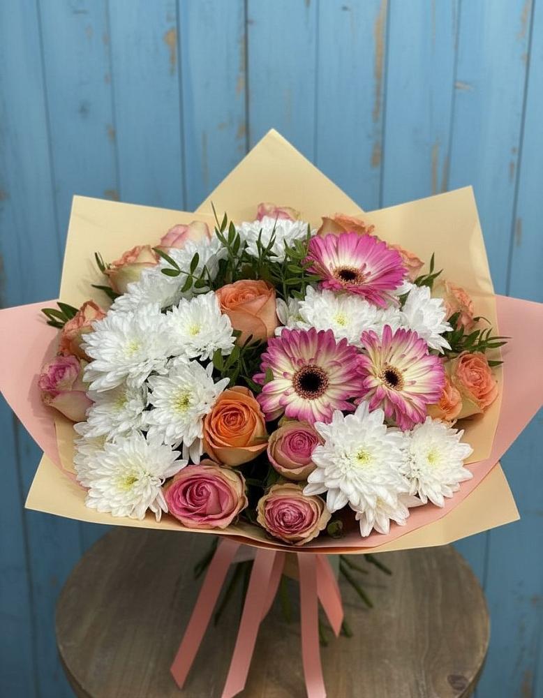 Букет цветов из: Розы, Герберы и Хризантемы в Широковский