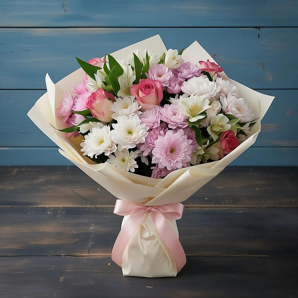 Букет цветов из: Хризантемы, Альстромерии и Розы в Широковский